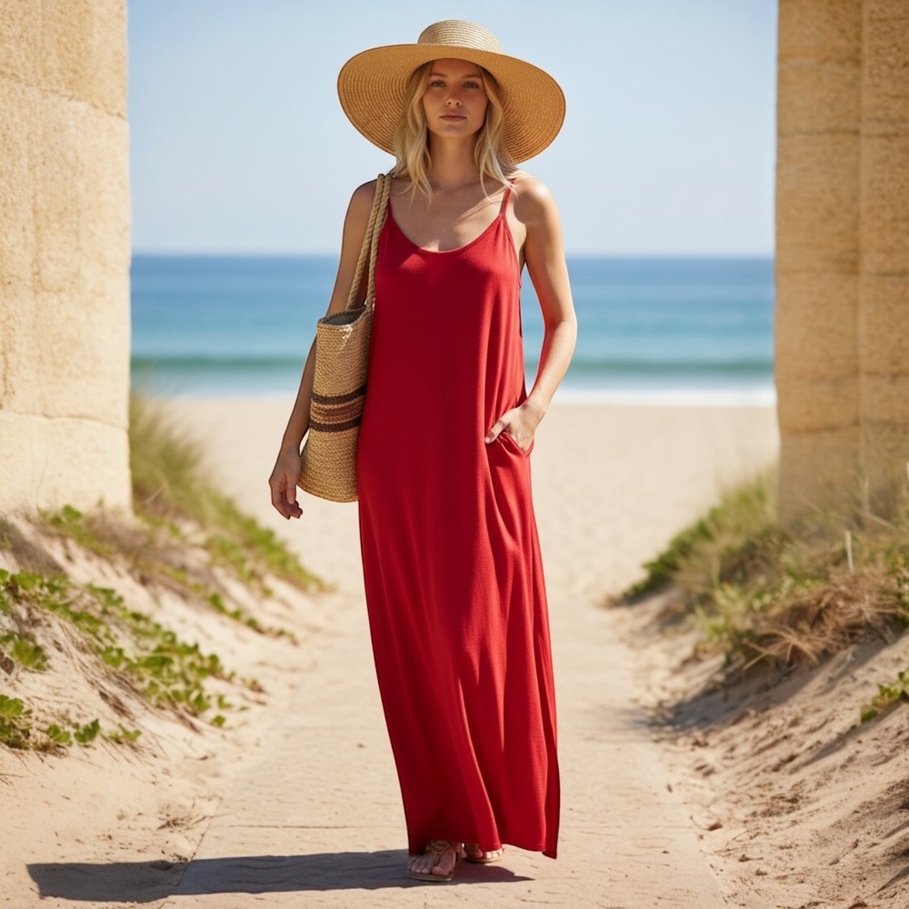 Huskary‎ Womens Red Maxi Dress XS Cami V Neck Side Slit Pocket Summer